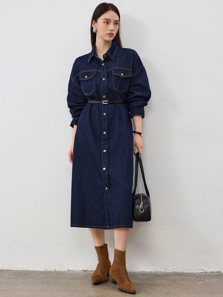 Vestido Denim Casual Feminino, Moda Minimalista para Uso Diário no Estilo Old Money, Roupas de Outono Casual Business para Mulheres