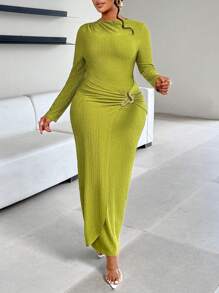 SOLERSUN 大码女式时尚直领纯色纹理金属饰边长袖连衣裙，圣帕特里克节、春季、秋季、冬季穿着，日常百搭，音乐节、派对、秋季 - 綠色 - 查看 3