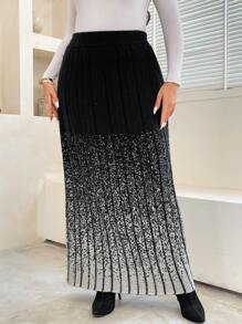 Flirla Plus Size A-Line Ombre Knitted Pattern Casual & Elegant Women Sweater Skirt, Autumn/Winter