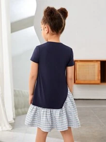 SHEIN Leap Crew 年轻女孩休闲学院风圆领长袖拼布连衣裙 - 黑色 - 查看 2