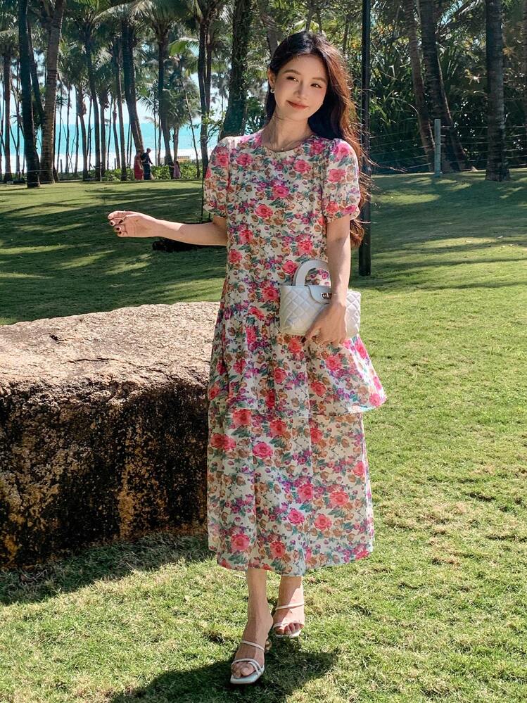 Vestido largo de verano con cuello redondo y manga corta, con estampado floral todo sobre fondo minimalista, para vacaciones de las mujeres, vestido maxi de Pascua - Multicolor - Añade 1
