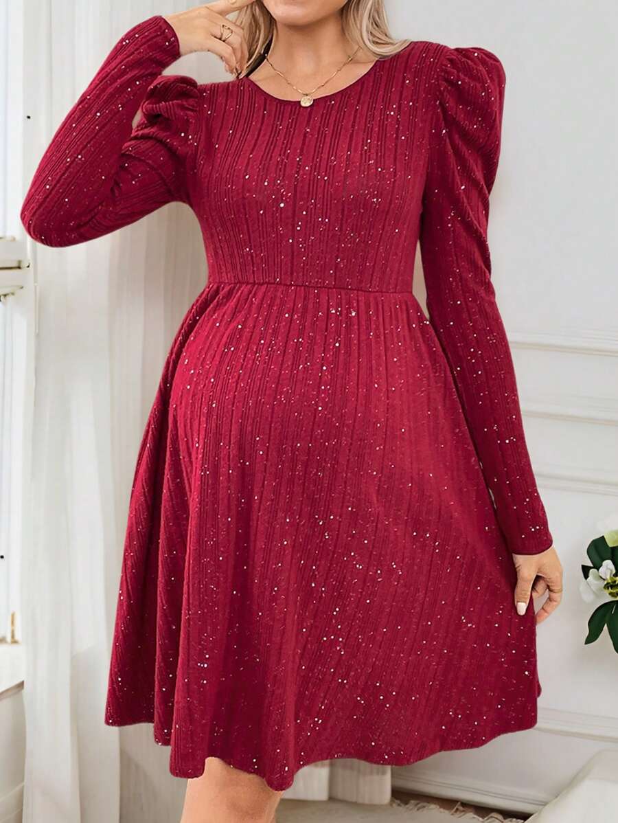 SHEIN 孕妇圆领羊腿袖A字纯色酒红色连衣裙 - 酒紅色 - 查看 1