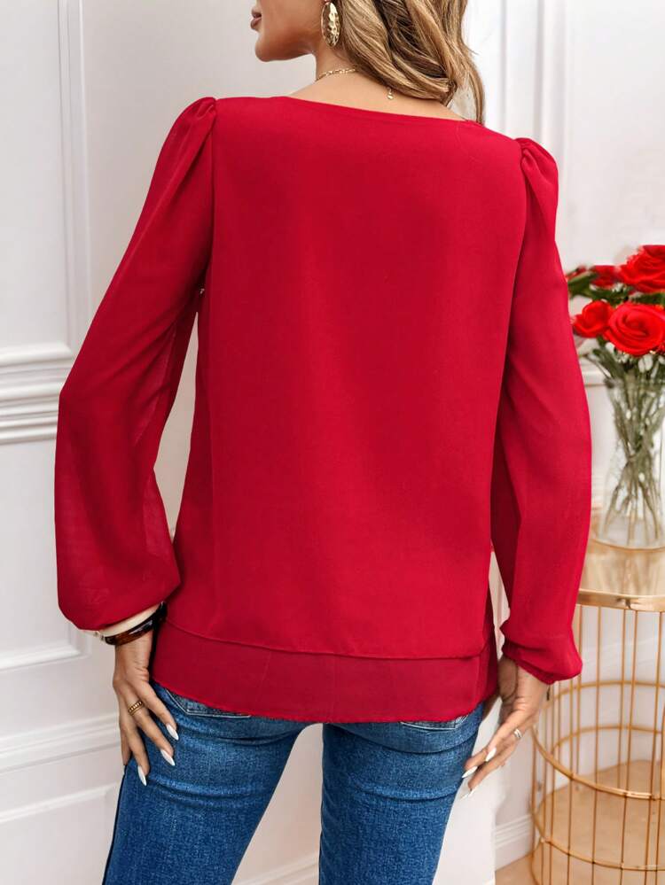 女性用 無地 Vネック パフスリーブ カジュアルルーズブラウス