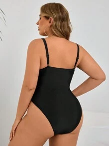 SHEIN Swim Traje de baño de una pieza talla grande para mujer con decoración metálica y fruncido delantero, casual/vacaciones/fiesta, para playa y verano