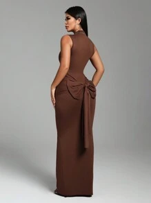 VaVaBold Women's Mock Neck Tie Front Dress, Sexy & Elegant - Brown - View 2