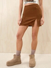 SHEIN EZwear Split Hem Corduroy Mini Skirt - Rust Brown - View 3