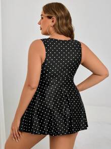 SHEIN Swim Curve Summer Plus Size 2pcs Set Black & White Polka Dot Random Print Twist Pleat Casual Vacation Women Swimsuit Dress - Black and White - View 2