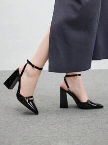 CUCCOO BIZCHIC 女士时尚漆皮带扣粗跟尖头玛丽珍鞋，适合通勤、约会、聚会和度假 - 黑色 - 查看 4