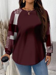 SHEIN LUNE Plus Size Marble Printed Crew Neck Pullover Sweatshirt With Arc Hem And Raglan Sleeves, Suitable For Autumn/Winter