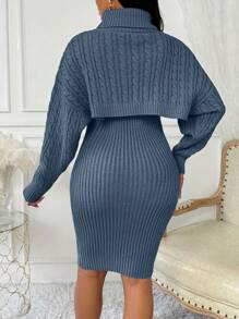 SHEIN Clasi 2pcs Women Casual Solid Color Cable Knit Oversized Turtle Neck Sweater + Fitted Knitted Dress, Two-Piece Set - Royal Blue - View 2