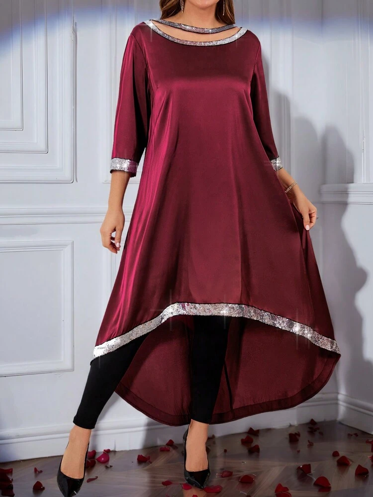 Women Plus Size Fashion Party Wine Red Sequin Decor 3/4 Sleeve Dress For Christmas,Valentine's Day
