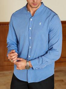 Manfinity Bizformal 男士立领前扣条纹休闲商务衬衫，纽扣男士衬衫男士修身衬衫男士精美衬衫男士正装衬衫