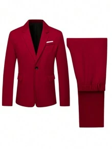 Manfinity Mode Men's Buttoned Front Long Sleeve Pocket Shirt & Pants Suit Set, Minimalist - Burgundy - View 4