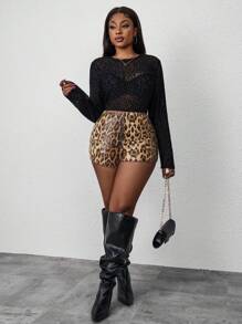 SHEIN PETITE CURVE Shorts de leopardo brillante de tiro bajo sexy para mujer con estampado de guepardo, de moda y - Marrón - Ver 3