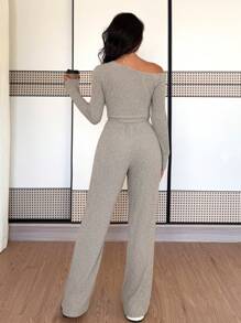 Chiquease Conjunto de 2 piezas con top de punto de manga larga con cuello oblicuo elegante y pantalones sueltos de cintura elástica, apto para primavera y otoño