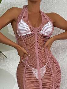 SHEIN Swim Vestido de cuello de halter de unicolor para mujer, de espalda descubierta y recortado, diseño sencillo y ajustado, para cubrir en verano - Rosa vieja - Ver 4