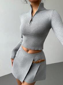 Aloruh 2pcs Women Casual Solid Cropped Sweater And Mini Skirt Set, Autumn/Winter - Grey - View 3