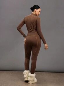 Activina 1 Set Women Stand Collar Long Sleeve Minimalist Top & Full Length Pants, Seamless Activewear Set - Brown - View 2