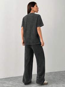 SHEIN PETITE Spring And Summer Home Casual Round Neck Short-Sleeved T-Shirt + Straight Trousers, Old Washed, Fried Snowflakes Loose Suit