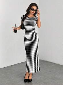 SHEIN PETITE Women's Striped Fitted Long Backless Casual Dress