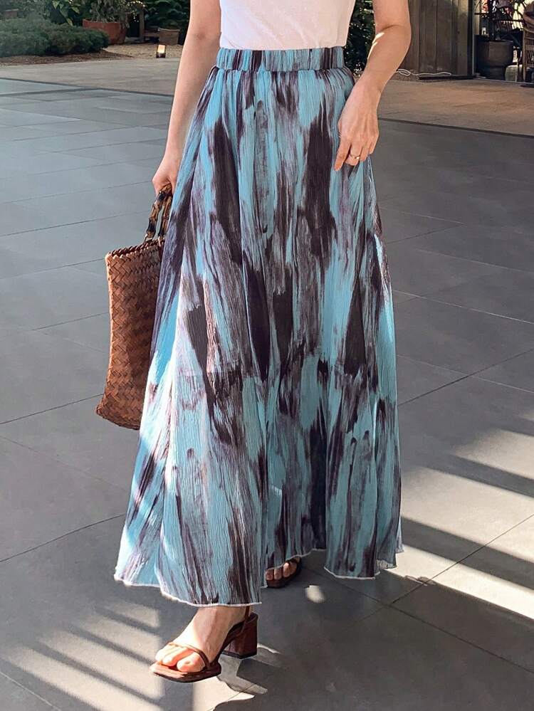 High Waist Retro Tie-Dye Print Vacation Style Flared A-Line Skirt For Women