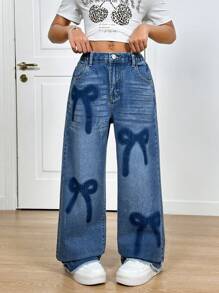 Tween Girl' Casual Fashion Washed Denim Straight Leg Jeans With Bowknot Shadow Design
