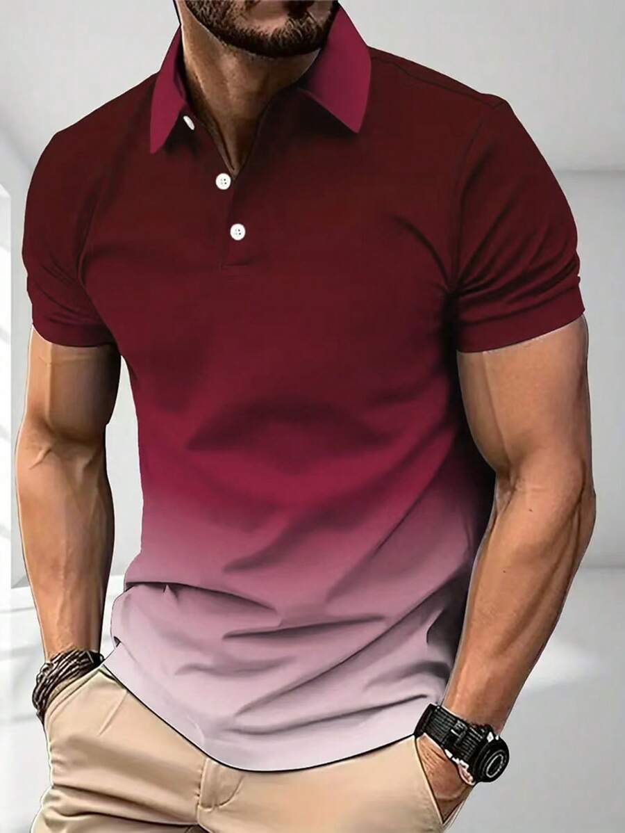 Manfinity Homme Men's Ombre Gradual Color Front Button Short Sleeve Polo Shirt, Casual Everyday Wear Polo T Shirt Men Men Polo T Shirt Polo Shirt For Men Men Shirts Polo Polo Men Shirt - Hot Pink - View 1