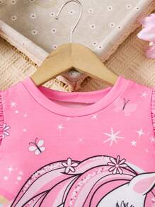 SHEIN GraphicGems 女童休闲可爱卡通独角兽短袖舒适印花T恤裙，适合户外穿着 - 粉色 - 查看 7