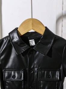 SHEIN Barboteuse en PU noir unicolore pour filles et enfants, nouvelle mode d'été avec cordon de serrage à la taille, manches courtes, col polo, style et vintage - Noir - Voir 3