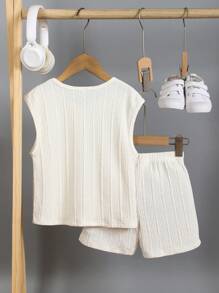 2 bucăți/Set maieu și pantaloni scurți fără mâneci pentru băiat tânăr, ținută de vară potrivită pentru sport, în aer liber, școală, sezon de vară