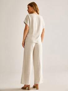 MaterniWear 2pcs Maternity Casual Solid Rib-Knit V-Neck Belt Tee & Adjustable Waist Skinny Pants Set, Spring/Autumn