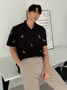 DAZY Men's Casual Polo Shirt With Cartoon Embroidered Pony Pattern, Suitable For Commuting Fall - Black - View 5