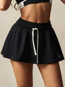 VARSITIE Black Low-Rise Elastic Drawstring Mini Women Sports Skirts & Skorts