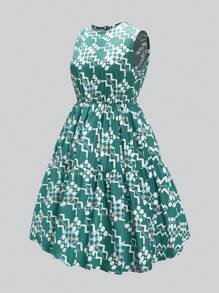 SHEIN 1pc Teenage Girls Light Blue Casual Dress - Lime Green - View 3