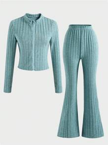 2pcs/Set Teen Girls' Casual Ribbed Knit Elastic Zip-Up Cropped Jacket And Skinny Flare Pants Outfit, Autumn - Blue - View 1