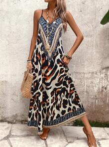 Breezaya Dames Luipaard Print Band Losse Vakantie Casual Alledaagse Lange Jurk
