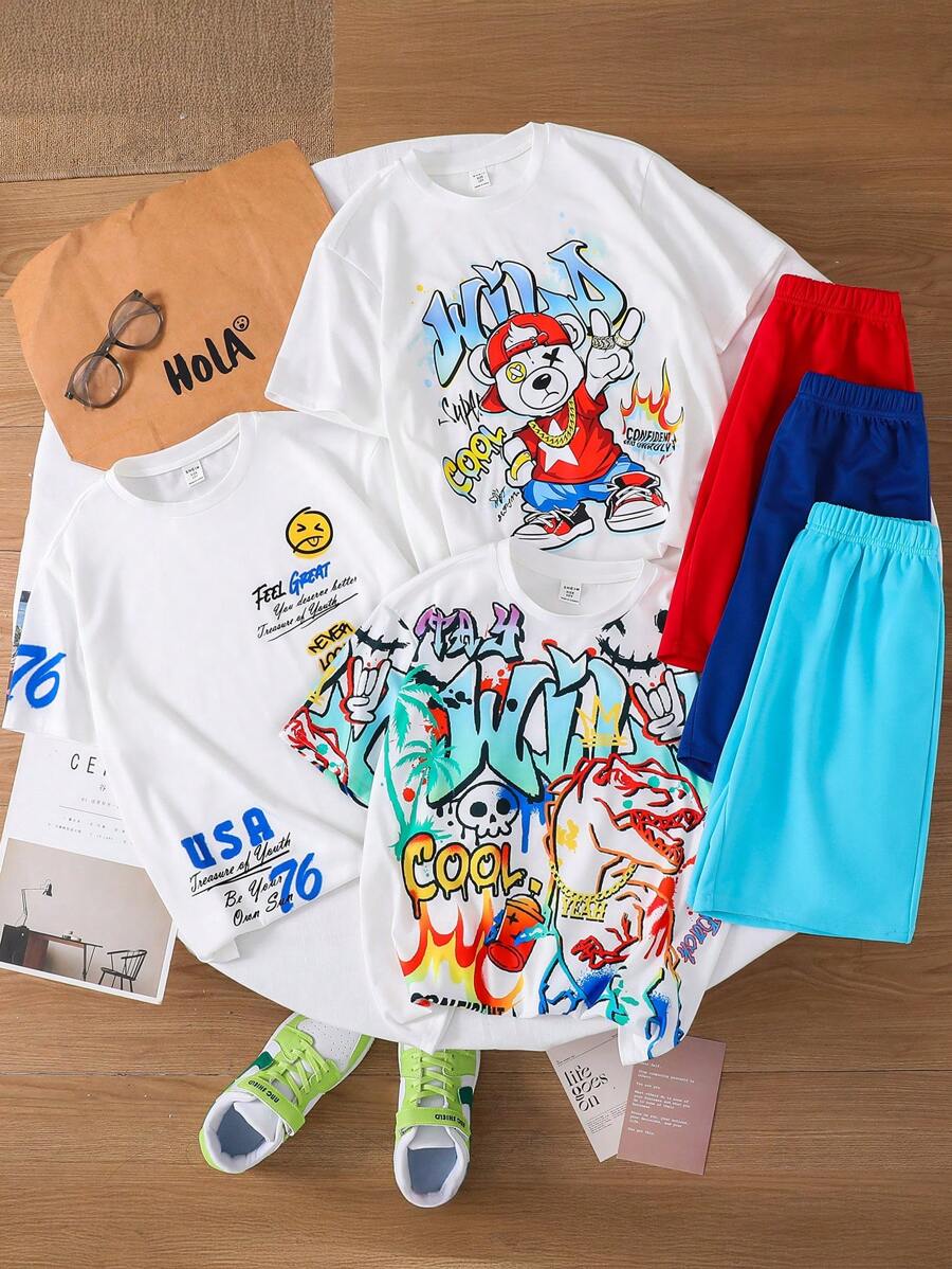 SHEIN Leap Crew Conjunto de 6 piezas de estilo callejero para niños preadolescentes: Camiseta de cuello redondo de manga corta con estampado de graffiti, letras y dibujos animados + pantalones cortos de cintura elástica. Conjunto informal adecuado para juegos al aire libre, escuela, estilo callejero, fiestas, uso casual, apropiado para primavera, verano y otoño. Compra 4 y llévate 2 gratis. - Multicolor - Ver 1