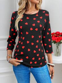EMERY ROSE 女士心形印花圆领 3/4 袖休闲 T 恤 - 黑色 - 查看 1