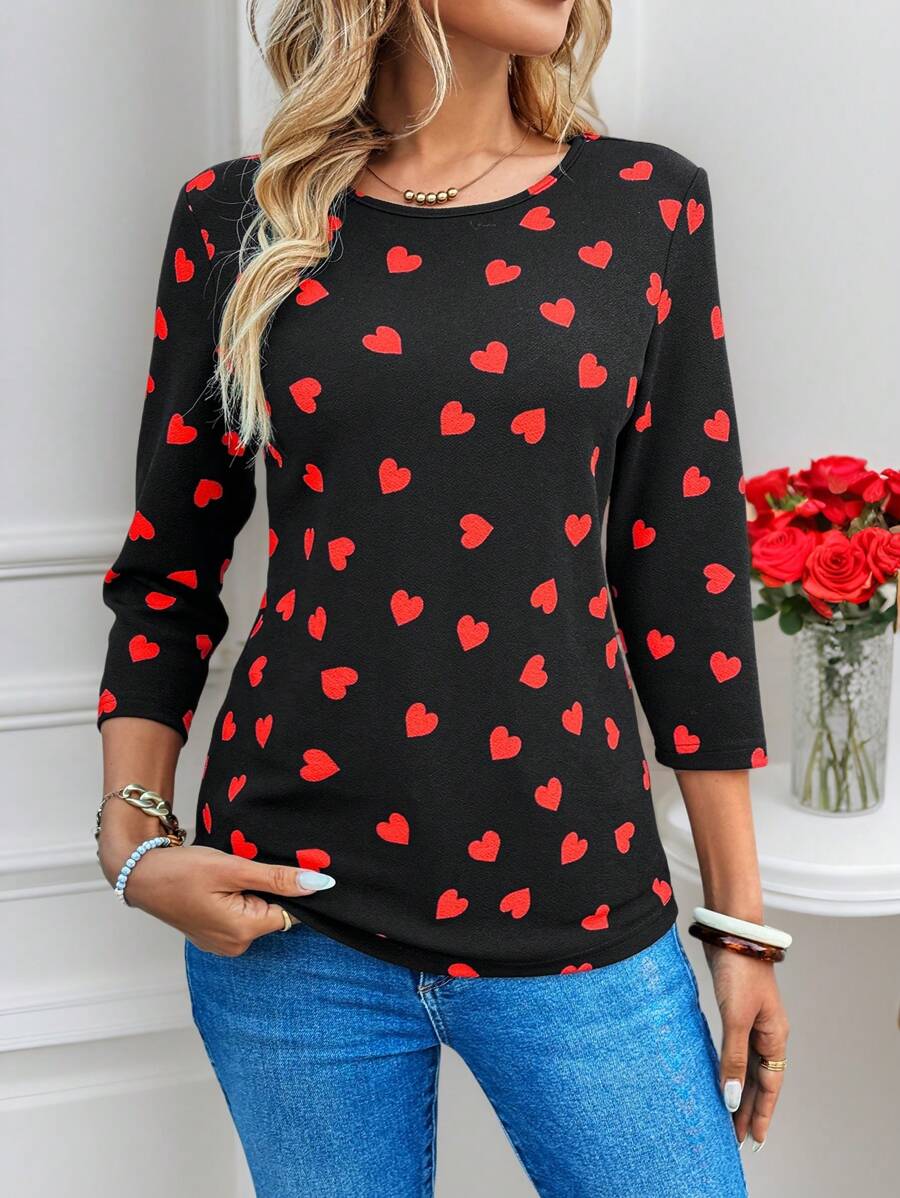 EMERY ROSE 女士心形印花圆领 3/4 袖休闲 T 恤 - 黑色 - 查看 1