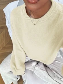 SHEIN Unity Women's Solid Color Round Neck Long Sleeve Simple Casual Pullover Sweater - Apricot - View 6