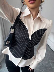 Elenzga Stylowa koszula 2 w 1 w paski z marszczeniami