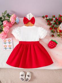SHEIN Conjunto de vestido y diadema con Top de manga globo con cuello redondo, bordado de fresa blanco, lazo rojo y falda, adecuado para fotos divertidas, para bebé niña en verano