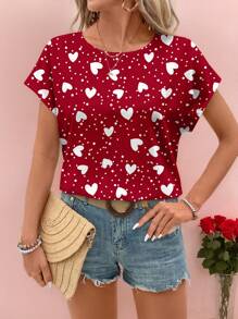 SHEIN LUNE 休闲简约女士红色爱心图案圆领衬衫，适合夏季 - 彩色 - 查看 3
