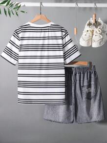 SHEIN 2pcs/Set Teen Boys Casual Striped Pocket Round Neck Short Sleeve T-Shirt And Elastic Waist Denim Effect Long Pants Set, Suitable For Autumn, Spring And Summer, Suitable For Outdoor Play, School, Street Style, Party And Leisure