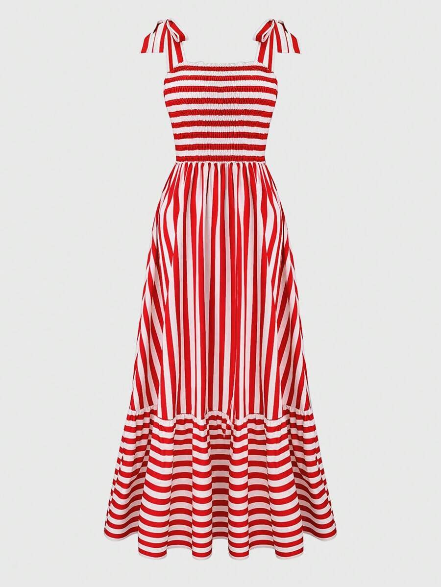 SHEIN Clasi 女士肩带胸前褶皱条纹连衣裙超长度假海滩装 - 紅色 - 查看 1