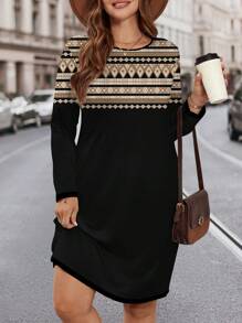 EMERY ROSE Plus Size Women's Floral Print Round Neck Loose Long Sleeve Dress With Pockets, Suitable For Autumn & Winter