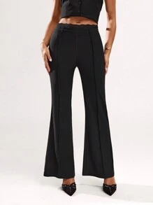 SHEIN BAE Women's Solid Color Flare Leg Pants With Lace Hem, Casual Everyday Wear