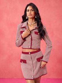 Becci Chaqueta corta casual de diseñador con botones de strass, estampado de pata de gallo rojo vintage, para primavera y festival - Rojo y blanco - Ver 3