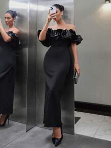 EURMUSE Women Satin Detailed Off Shoulder Ruffle Split Back Dress - Black - View 4