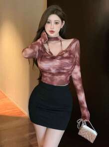 DAZY Tie-Dye All Over Print Halter Neck Self-Tie Cuff Long Sleeve Women Top,Fall Women Clothes - Red Violet - View 3